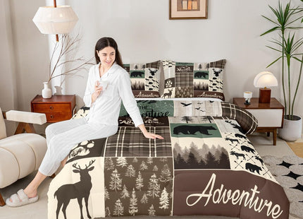 Rustic Patchwork Twin Bed Comforter Set, Hunting Deer Bear Bedding Retro Cabin Lodge Decor Quilt For Kids Boys Teens Men, Woodland Country Wild Animal Down Comforter Adventure Camping Decor, Brown