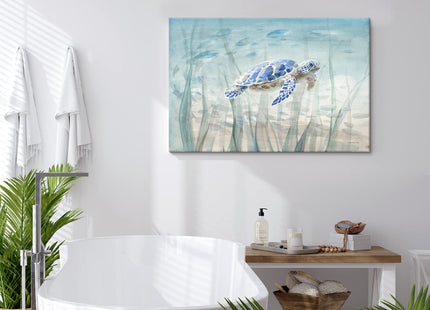 Ocean Wall Decor Blue Turtle Canvas Art Sea Grass Pictures Coastal Print Painting Nautical Artwork For Home Office Ready to Hang 36x24 Inch