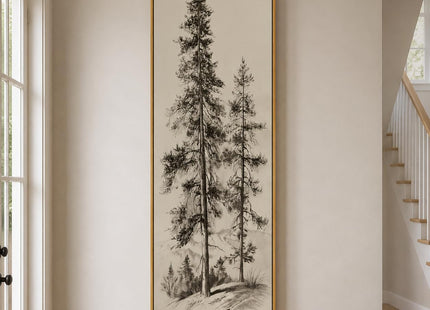Framed Long Narrow Vintage Pine Tree Landscape Vertical Wall Art, 18x56 In