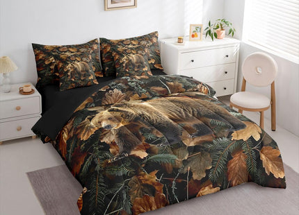 Feelyou Grizzly Bear Comforter Set with Sheets 7 Piece Queen Size Realistic Tree Leaves Hunting Bed in a Bag Kids Boys Girls Western Cabin Bedding Set Farmhouse Room Decor Soft Lightweight Microfiber