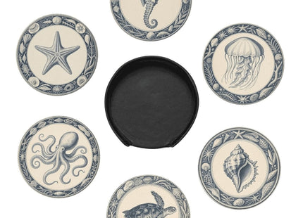6 Pcs Nautical Ocean Drink Coasters with Holder Coasters for Drinks Coffee Table Home Decor Housewarming Gift