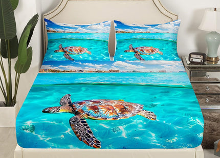 Sea Turtle Bedding Set Marine Life Printed Sheet Set Teal Sea Hawaiian Turtle Pattern Fitted Sheet, Boys Teens Girls Tortoise Fitted Bed Sheets Ocean Beach Theme Fitted Sheet Deep Pockets, Twin XL