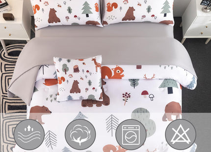 BYHOFMLY Queen Comforter Set for Boys 6 Pieces Forest Theme White Bedding Set with Sheets Woodland Animals Printed Teen Boy Bed in A Bag for All Season (Forest, Queen)