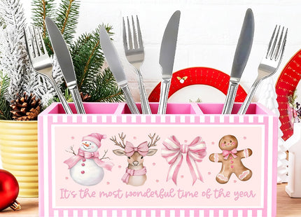 FDHSPAAM Pink Christmas Kitchen Utensil Holder, Coquette Bow Snowman Reindeer Gingerbread Cooking Utensil Holder Wooden Storage Organizer Box for Kitchen Counter, Girly Christmas Decor