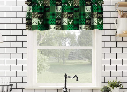 GoDazzling Rustic Deer Bear Kitchen Curtain Valance, Retro Cabin Hunting Theme Forest Wildlife Green Plaid Check Window Valance, for Bedroom Living Room Cafe Bathroom 1 Panels W54xL18in