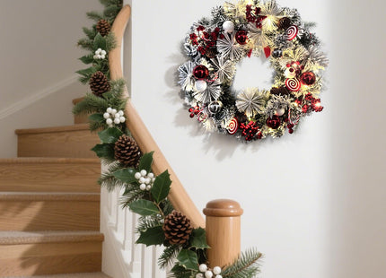 Christmas Wreath for Front Door, 18 Inch Prelit Christmas Wreath with Timer, Warm LED Light, Red Berries, Snow, Pinecone, Candy Cane, Lighted Xmas Decorations for Indoor Outdoor Xmas Collection