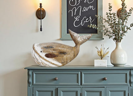 Wood Whale Statue Beach Table Decor for Home Hand Carved Wood Sculpture