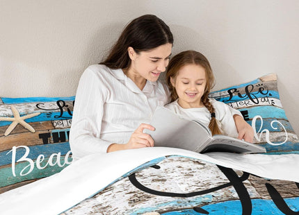 Castle Fairy Beach Life Comforter Set Queen Size,Blue Farmhouse Wooden Bedding Set for Kids Boys Girls Adults Room Decor,Hawaiian Ocean Quilt Set Starfish Sea Life Duvet Insert,2 Pillowcases