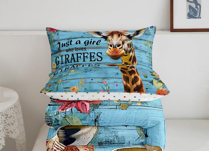 Erosebridal Kawaii Giraffe Comforter Twin Farm Animal Bedding Set, Red Pink Flower Bedding Comforters & Sets Rustic Farmhouse Down Comforter, Blue Wooden Striped Bed Sets Lodge Cabin Decor 2pcs