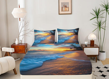 Ocean Bed Sheet Set Twin Waves Bedding Set Hawaiian Tripocal Sea Beach Fitted Sheet Soft Microfiber with 1 Pillow Sham,Sunset Ocean Beach Theme Digital Print 2 Pcs Kids Boys Girls Decor Bed Cover