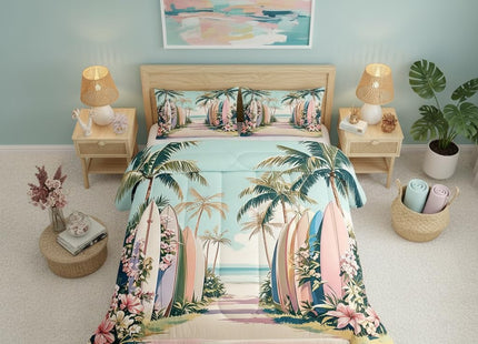 Manfei Beach Surfing Comforter Set 2Pcs Coastal Style Twin Size Bedding Set Beach Coconut Tree Duvet Insert for Kids Boys Girls Adult Room Decor(1 Comforter,1 Pillowcase) Pink