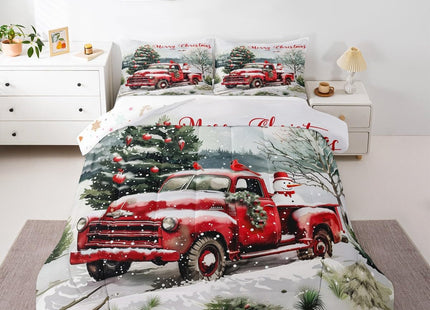 Castle Fairy Merry Christmas Toddler Bedding Set for Kids,Farmhouse Red Truck Snowman Comforter Bed Set,Winter Pine Tree Quilt Set for Child Bedroom 2 PCS,Red Birds Plants Duvet Insert,1 Pillow Case