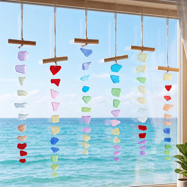 Weysat 6 Pcs Sea Glass Wind Chimes for Outside, Beach Gifts Coastal Decor with Wooden Hanger, Boho Gifts for Mom Women, Hanging Beachy Decor for Home Wall Outdoor Decorations(Rainbow)