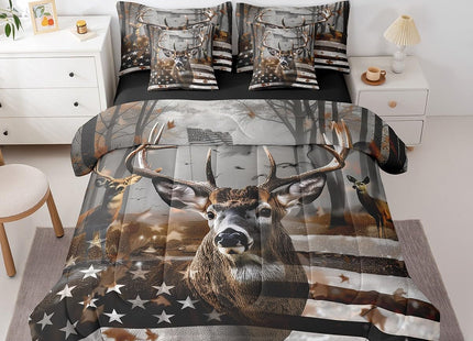 Erosebridal Full Comforter Set 7 Piece Deer American Flag Bed in A Bag Woodland Hunting Deer Elk Bedding Set with Sheet Set and Pillow Covers for Kids Adults,Reversible Black Bed Set