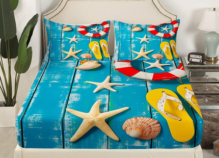 Ocean Themed Bed Sheets Set Full, Rustic Farmhouse Sheet Set, Coastal Lodge Cabin Flat Fitted Sheet, Starfish Seashell Sheets, Life Buoy Flip Flops Printed Bed Set 4Pcs with 2 Pillow Cases