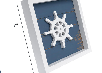 TideAndTales 3D Nautical Wall Decor (Famed Set of 3) Anchor, Lighthouse and Ship Wheel - Rustic Beach Bathroom Coastal Theme Home Decorations - Nautical Gifts, Classic Blue 7"x7"
