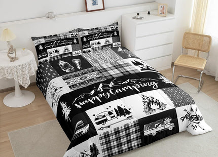 Castle Fairy Camper Adventure Full Size Comforter Set,Happy Camping Plaid RV Inside Decor Bedding Comforters Bedroom Collection,Arrow Hunt Cabin Rustic Farm Check Bedding Set for Girls Teens