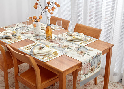 YiHomer Blue Pumpkin Bordered Thanksgiving Tabletop, Stonewashed Fall Pumpkin and Sunflower Cottage Print Easy Care Fabric, Farmhouse Harvest, Napkin Set, 20 x 20