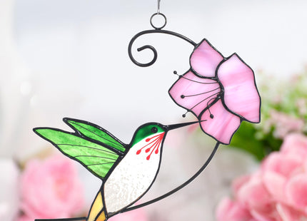 Lolitarcrafts Hummingbird with Flower Stained Glass Suncatcher Bird Stained Glass Window Hangings Hummingbird Gift for Home Decor (Green with Flower)