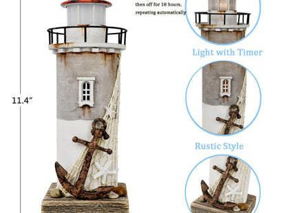 Waroom Home Rustic Wood Lighthouse Decor with Light Tabletop Nautical Decor, Wooden Decoration Beach Themed Coastal for Mediterranean 11.4H inch