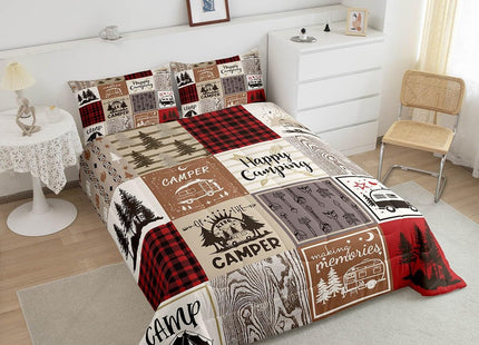 Erosebridal Short Full Comforter for Rv Camper Happy Camping Bunk Comforter Set Rv Camper Accessories Bedding for Travel Trailers, Patchwork Buffalo Plaid Pine Tree Arrow Quilt Set Red Brown