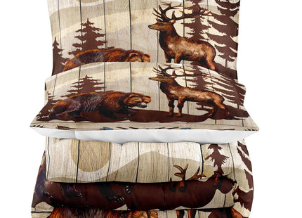 LUVIVIHOME 2PCS Brown Bear Deer Comforter Set Twin Size, Rustic Cabin Bedding, Pine Tree Forest Animal Elk Moose Wildlife Country Lodge Farmhouse Quilt, Hunting Gifts for Men Hunters, 1 Pillow Sham