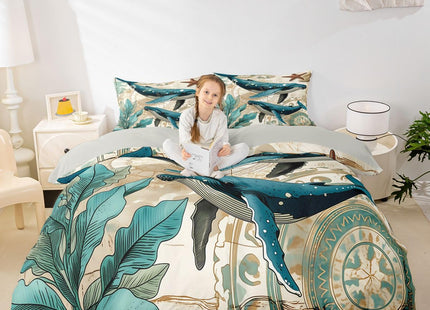 Whale Duvet Cover Queen,Nautical Coastal Comforter Cover,3D Whale Print Decorative Bedding Retro Marine Life Quilt Cover Teal Sea Animal Bedding Sets Ocean Park Theme Bedspreads Cover Kids Boys Girls