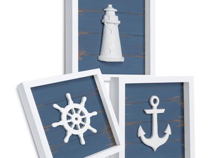 TideAndTales 3D Nautical Wall Decor (Famed Set of 3) Anchor, Lighthouse and Ship Wheel - Rustic Beach Bathroom Coastal Theme Home Decorations - Nautical Gifts, Classic Blue 7"x7"