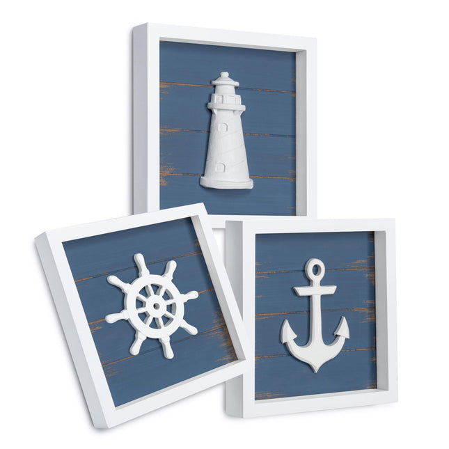 TideAndTales 3D Nautical Wall Decor (Famed Set of 3) Anchor, Lighthouse and Ship Wheel - Rustic Beach Bathroom Coastal Theme Home Decorations - Nautical Gifts, Classic Blue 7"x7"