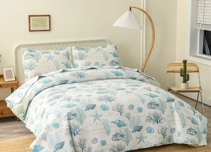 Oliven Reversible Coastal Beach Theme Quilt Set Queen/Full Size Ocean Coral Bedding Seaweed Bedspread Ocean Life Blue Green White Shell Starfish Coverlet Summer Lightweight Beach Daybed Sets