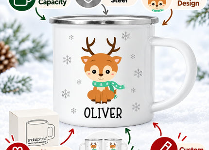 Andaz Press Kids Personalized Cute Snowflake Christmas Animals 11oz. Stainless Steel Campfire Hot Chocolate Mug, Baby Reindeer Custom Name 1-Pack, For Children, Christmas Ideas Xmas Campfire Mugs
