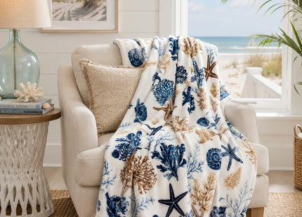 Ocean Coastal Shells Throw Blanket, Nautical Blues Beige on White, 50x70