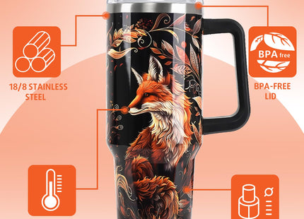 Nqhsionv Fox Tumbler with Handle and Straw 40 oz Fall Foxes Mandala Cup Coffee Travel Mug Stainless Steel Insulated Water Bottle Fox Stuff Lovers Fall Autumn Decor Gifts for Women