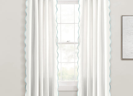 Lush Decor Coastal Chic Scalloped Edge Window Curtain Panels Pair 52" W x 95" L White & Blue - White Curtains - Linen Textured - Long Curtains - Modern Beach Decor