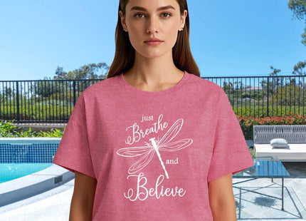 COMIZI Dragonfly Shirts for Women Just Breathe Tshirt Dragonfly Lover Entomology Tee Tops Pink