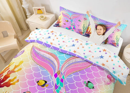 Erosebridal Mermaid Toddler Bedding Set - Mermaid Tail Comforter, Nautical Sea Animal Duvet Cover, Ocean Starfish Quilt Cover, Pastel Pink Purple Cute Room Decor for Girls, Queen Size