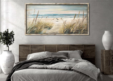 Beach Framed Wooden Wall Art: Ocean Seagull Painting Coastal Sea Bird Scenery Print Picture Rustic Seaside Seascape Artwork Decor for Bedroom Living Room Office