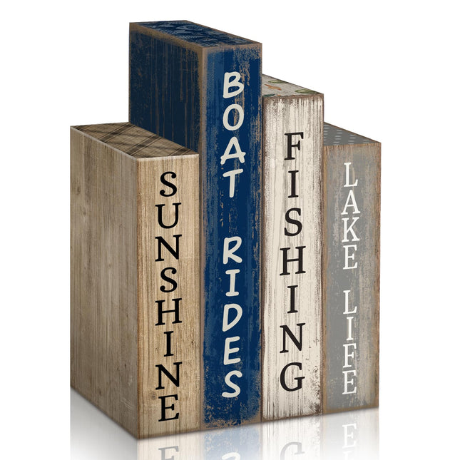 Lineshading 4 Pcs Summer Lake House Decor Stacked Wooden Book Block Signs