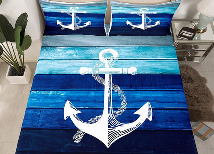 Castle Fairy White Anchor Sheets Set King,Nautical Style Ocean Adventure Decor Bedding Set for Youth Women Bedroom,Ombre Blue Wooden Stripes Bed Set with Deep Pocket Fitted Sheet with 2 Pillow Case