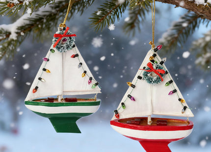 NAUTIMALL Wooden Sailboat Christmas Hanging Ornament, 5 Inch Tabletop Nautical Decor, Set of 3, Blue Green Red
