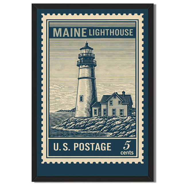 Framed Maine Lighthouse Poster Vintage Style Canvas Print Art Wall Art Pictures Art Print Home Decor Living Room Bedroom Apartment (black frame,12" Lx16 W)