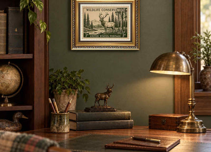 Framed Retro Hunting Wall Art Wild Stamp Wall Decor Forest Deer Canvas Art