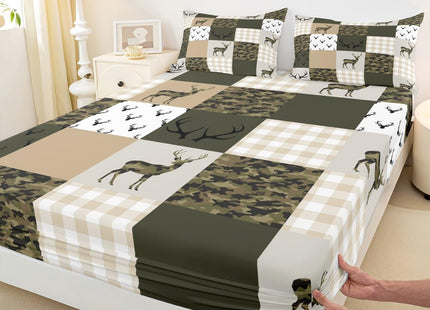 Camouflage Sheet Set Twin Size Woodland Camo Bed Sheet Set 3pcs with Deep Pocket Fitted Sheet + Flat Sheet + 1 Pillowcase Green and Beige Plaid Deer Print Bedding Set for Kids Boys Teens Room Decor