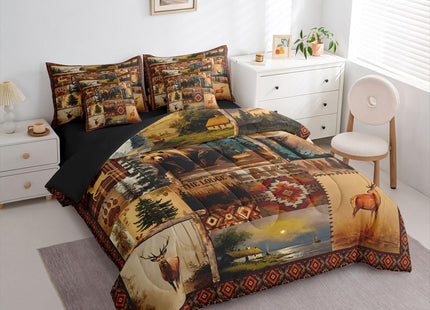 Feelyou Bear Comforter Set Twin Size 7 Pieces Rustic Cabin Lodge Country Bedding Set for Kids Girls Nature WildLife Bed in a Bag with Comforter, Sheets,Farmhouse WesternSouthwestern Plaid Grid Quilted
