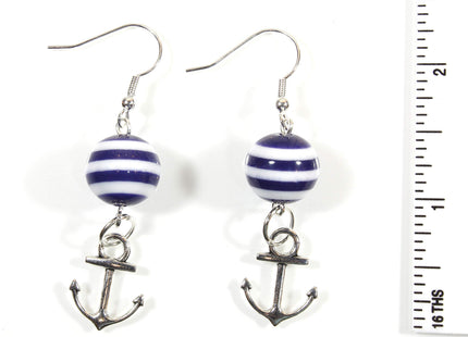 "Navy Lover Silvertone", Dark Navy Blue Striped Anchor Earrings