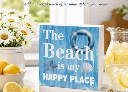 The Beach Is My Happy Place Wood Box Sign for Beach Lovers, Coastal Summer Home Decor, Starfish Seashell Tabletop Decoration for Beach House, Office Desk, Bathroom Shelf