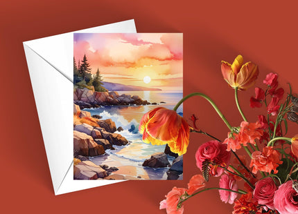Stonehouse Collection Acadia National Park Note Card, Maine Coastal Sunset Single Note Card with Envelope, Blank Inside, Scenic Ocean Landscape Greeting Card - Made in USA (Maine)