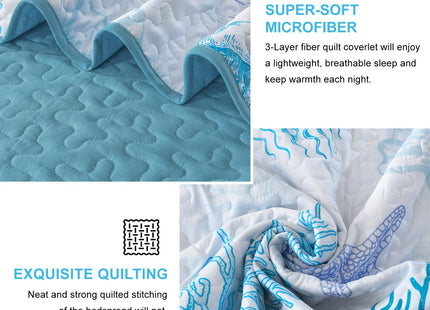 DJY Ocean Coastal Quilt Queen Size, 3 Pcs Beach Theme Bedspread Bedding Set