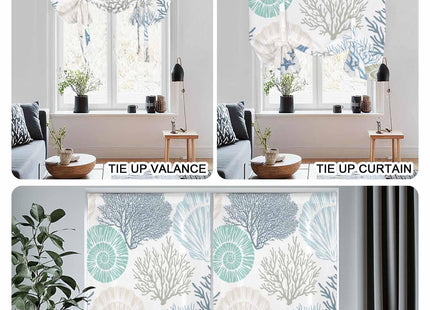 Ocean Coral Starfish Tie Up Window Shade Curtain,Nautical Coastal Shell Tie Up Curtain for Kitchen Windows,Marine Sealife Adjustable Valance Balloon Curtains,Blue Teal White Rod Pocket Panel 52x45in