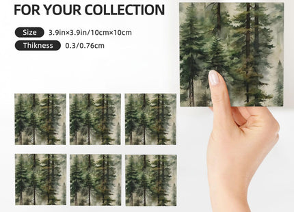 Misty Pine Tree Square Ceramic Coasters Set of 6 Pack, Mountain Green Forest Landscape Foggy Botany Stone Drink Coaster with Cup Holder Anti-Scratc Cork Backing Bar Kitchen Home Housewarming Gift